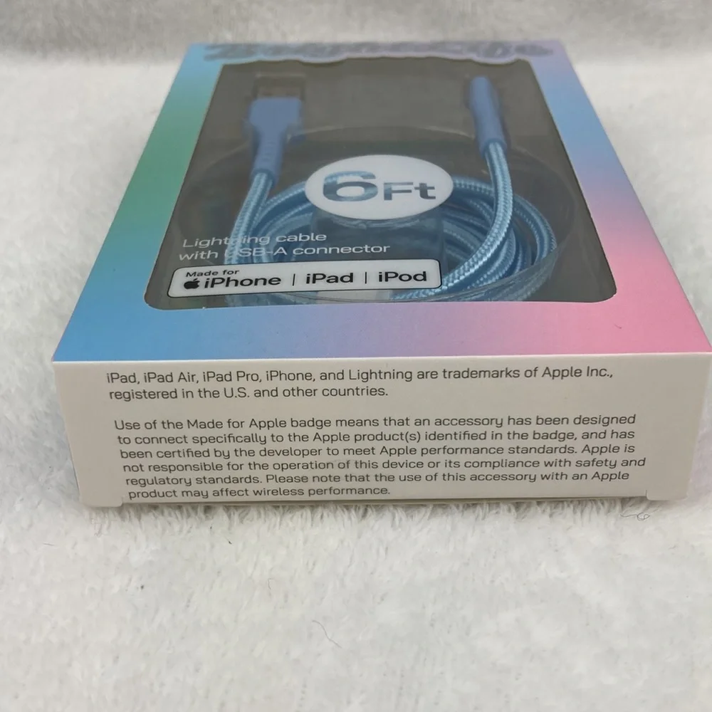 Bright Life USB-A Blue Lightning Cable for iPhone, iPad, iPod 6 ft. New